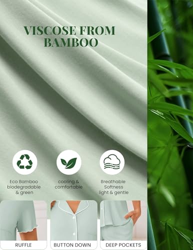 Image of Ekouaer Viscose from Bamboo Women Pajama Sets Button Up Cooling Pjs Short Sleeve Ruffle Sleepwear 2 Piece Lounge Shorts Set