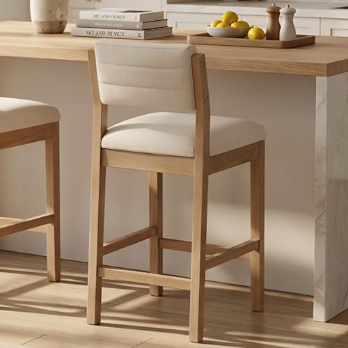 Image of CIMOTA 26 inch H Counter Height Bar Stool, Wooden Bar Stool with Backrest, Linen Upholstered Kitchen Island Stools, 330LBS Load Bar Chair for Kitchen, Cafe, Restaurant