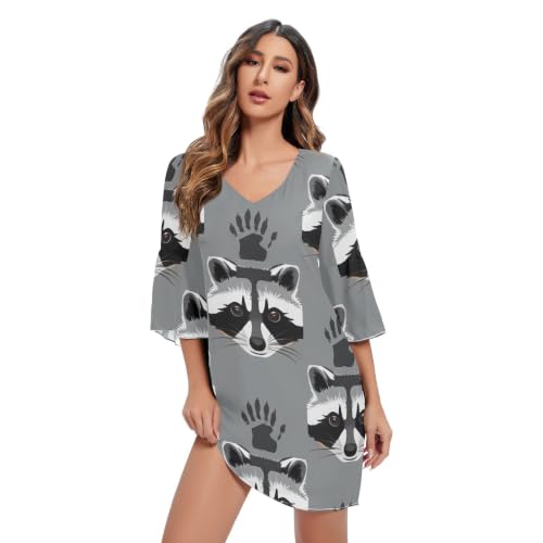 Robe d'été courte à manches 3/4 motif raton laveur gris en coton léger