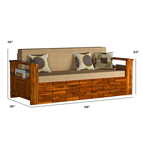 Image of Solid Wood Italian 3 Seater Sofa Cum Bed for Living Room | Three Seater Sofa Bed for Home | Sofa Com Bed | Sheesham Wood,Natural Finish Beige Cushion,3-Person Sofa
