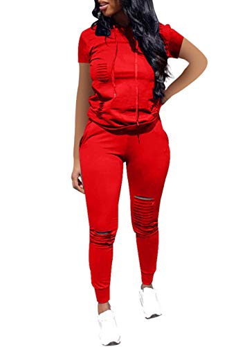 Vnvne Women Casual 2 Piece Sport Outfits Short Sleeve Ripped Hole Pullover Hoodie Sweatpants Set Jumpsuits (Red, S) #TOP1