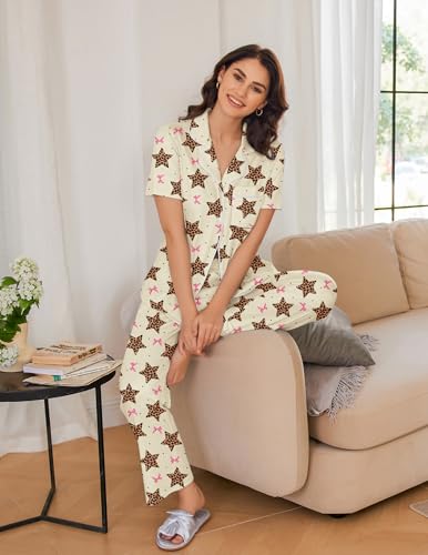 Image of Ekouaer 2 Pack:Womens Pajamas Short Sleeve Pjs Notch Collar Button Up Loungewear Cozy Sleepwear Sets