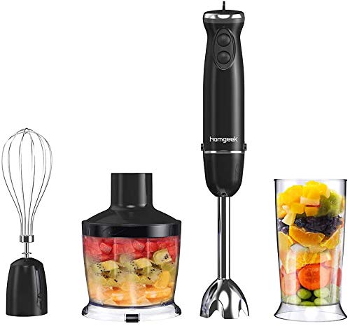 homgeek Batidora de Mano 800W, Licuadora 4 en 1 Incluye Varilla de Batidora, Picadora de 500 ml, Taza de 600 ml, Batidor, con Regulador de 6 Velocidades y Función Turbo, Negro [Nueva versión 2019]