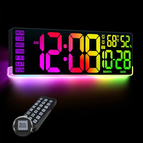 16.5 Large Digital Wall Clock: 11 Screen Colors and 13 U-Shaped RGB Backlight Modes with Sync Screen Auto DST Temp & Humidity Dual Alarm & Timer Digital Clock for Classroom Gym Gaming Room