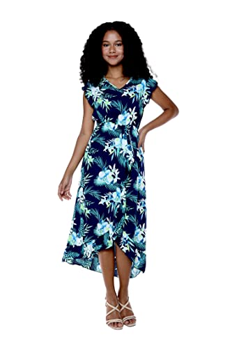 Matchable Couple Hawaiian Luau Shirt or Wrap Ruffle Dress in Orchid Breeze Navy2