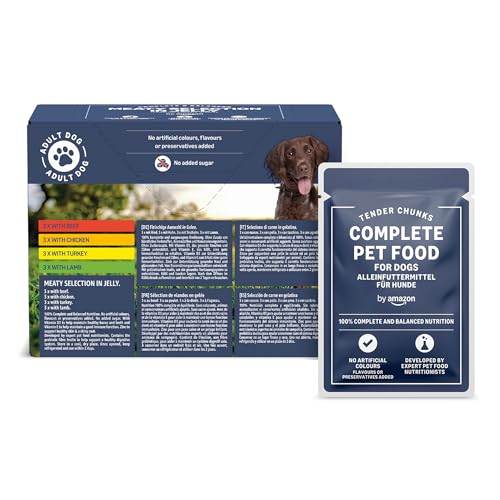 by Amazon Alimento completo per cani adulti, Selezione di carni in gelatina, 1,2 kg (12 confezioni da 100g)