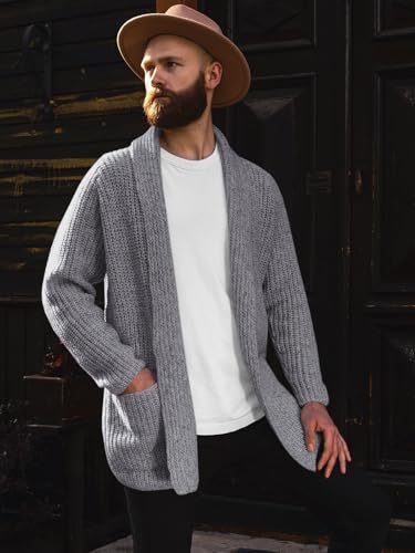 Image of Runcati Mens Shawl Collar Long Cardigan Casual Knit Open Front Sweater Fall Winter Thermal Cardigan Sweater