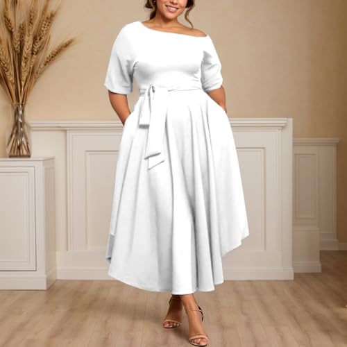 Image of Plus Size Women Wedding Guest Dress Off Shoulder Boat Neck Irregularly Flowy Midi Church Dress