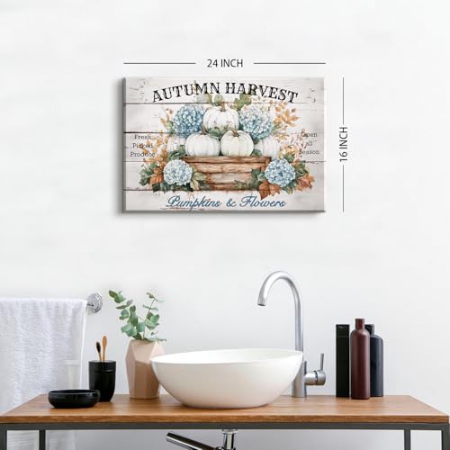 Image of Blue White Pumpkin Flower Wall Art for Living Room Fall Decorations Farmhouse Rustic Floral Picture Canvas Prints Paintings Hydrangea Poster Autumn Harvest Artwork Bedroom Thanksgiving Decor 16x24 inch