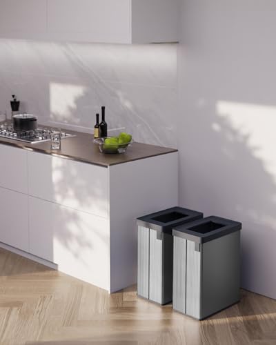 Curver Verto Recycle 54L Mülleimer für Küche, zwei Fächer, einfache Sortierung, offen, schlankes Design, grau, 26,5 x 43,5 x 54,7 cm