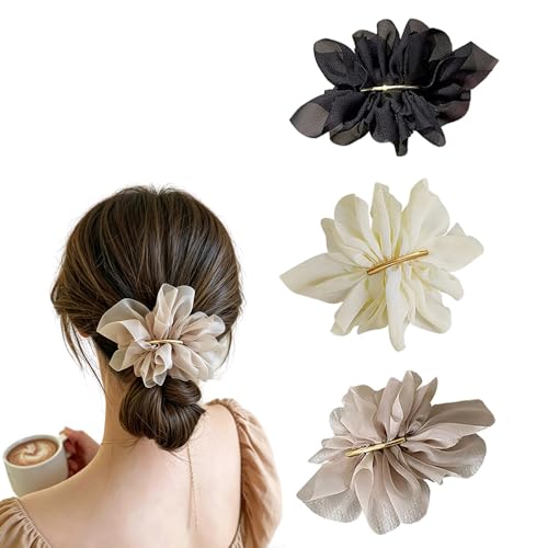 Image of ZIBUYU 3 PC Chiffon Large Flower Hair Clips for Women, French Barrette