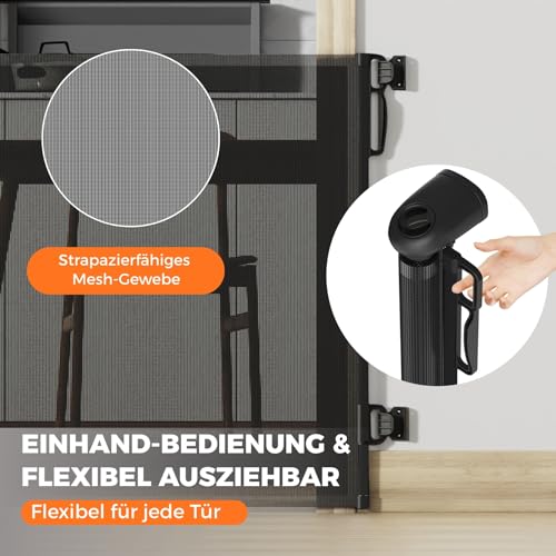 Allyson® Treppenschutzgitter Ausziehbar, Türschutzgitter bis 140 cm Treppengitter für Kinder & Haustiere, Kinderschutzgitter 85 cm Höhe, Haustierschutzgitter Einziehbar, Verstellbar & Stabil – Schwarz