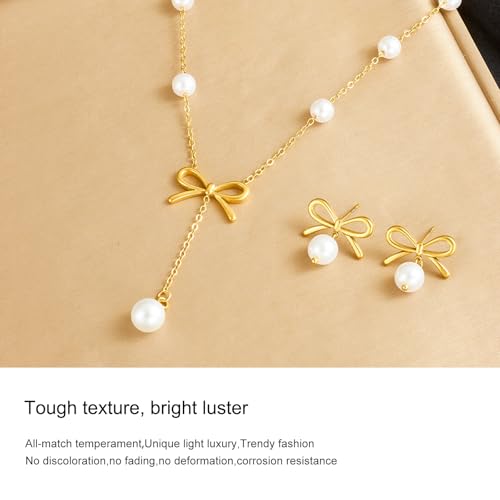 Elegant Stainless Steel Pearl Pendant Necklace & Earrings Set for Women, Hypoallergenic Jewelry Gift Set, Classic Boho Bridal Party Accessories - Image 4