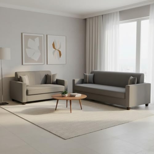 Image of FURNY Homeoy 5 Seater Fabric 3+2 Sofa Set (Dark Grey) with Premium Velvet Finish | Durable Comfort | Ideal for Living Room