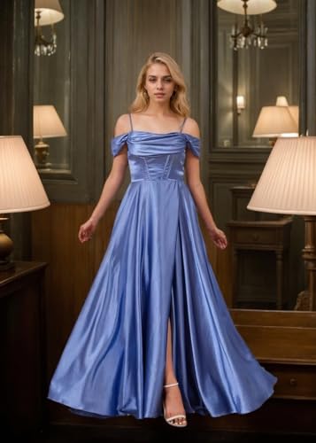 MKTERILYS Women's Long A-Line Prom Bridesmaid Satin Dress with Slit and Off-Shoulder Pockets UR05