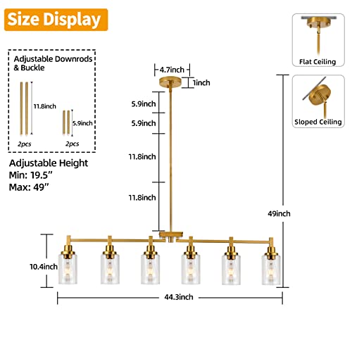Acaner 6-Lights Kitchen Island Lighting, Dining Room Chandelier Light Fixtures Over Table, 44.8" Modern Farmhouse Linear Chandeliers Brushed Brass Ceiling Hanging For Living Room Bar Restaurant #TOP4