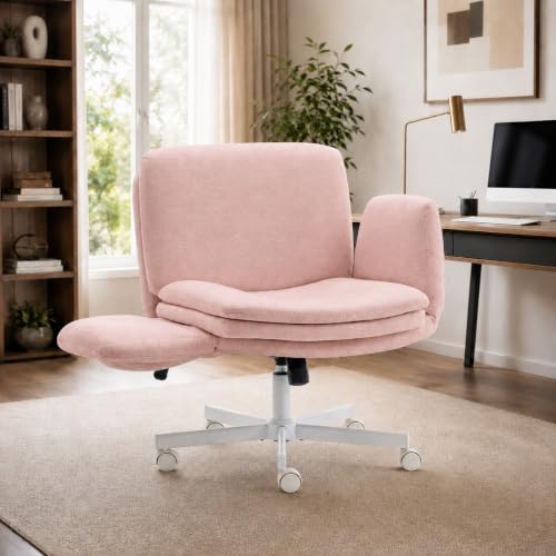 Image of Armrests Criss Cross Chair - Wide Comfy Swivel Vanity Chairs with Wheels, Comfortable Adjustable Home Office Desk Computer Chair for Reading Room, Bedroom, Makeup Room (Pink)