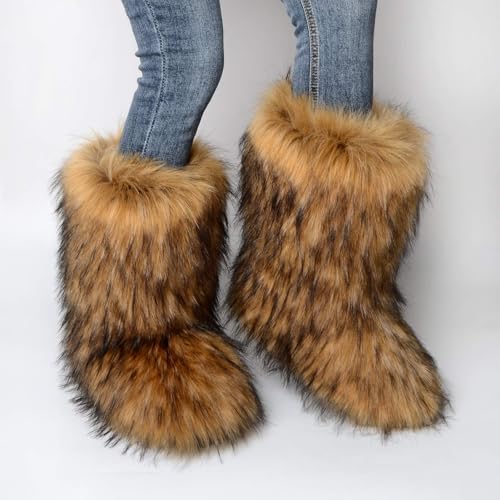 QMFUR Women's Furry Faux Fur Boots Fuzzy Fluffy Mid Calf Snow Boots Suede Warm Fur Lined Booties Flat Fashion Boots3