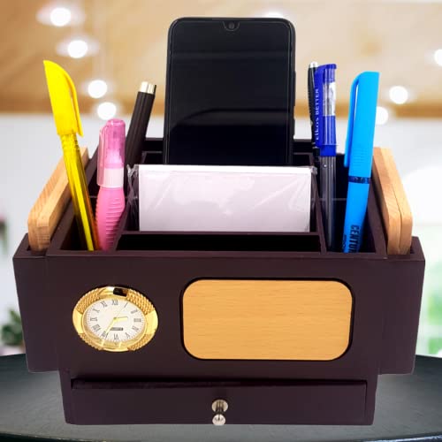Image of WOOD HOUSE Pen Stand for Office Table with Clock, Wooden Pen Holder for Office Table Stylish, Wooden Desk Organizer for Office Table, Pen Stand with Drawer, Pen Stand with Compartment, Office Gifts