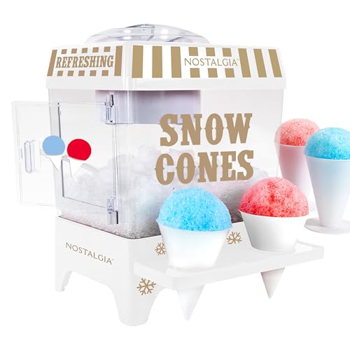 Nostalgia Snow Cone Shaved Ice Machine - Retro Table-Top Slushie Machine Makes 20 Icy Treats - Includes 2 Reusable Plastic Cups &amp; Ice Scoop - White