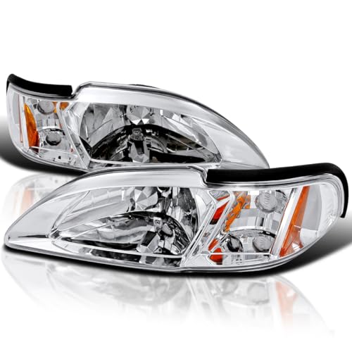 SPEC-D TUNING Chrome 1PC Style Headlights Compatible with 1994-1998 Ford Mustang Left + Right Pair Head Lights Lamp Assembly