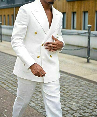Men's Linen Double Breasted Buttons Peak Lapel Two-Piece Suit Tuxedos Jacket and Pants Set Casual Wedding Business3