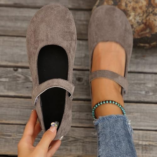 Dritnow Shoes, Womens Suede Mary Janes Flats, Comfort Round Toe Walking Slip-On Shallow Mouth Ballet Shoes with Straps Lightweight Breathable(Brown,US 8.5)3
