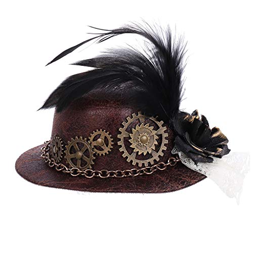 KAMONDA Hat,Halloween Gothic Mini Top Hat Steampunk Gears Chain Feather Cosplay Hair Clip,20x24cm, Red