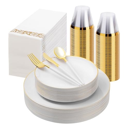 Image of 175 Pieces White Gold Plastic Dinnerware Set, Gold Disposable Plates for Party, Include 50 White Plates with 75 Plastic Cutlery, 25 Napkins and 25 Cups