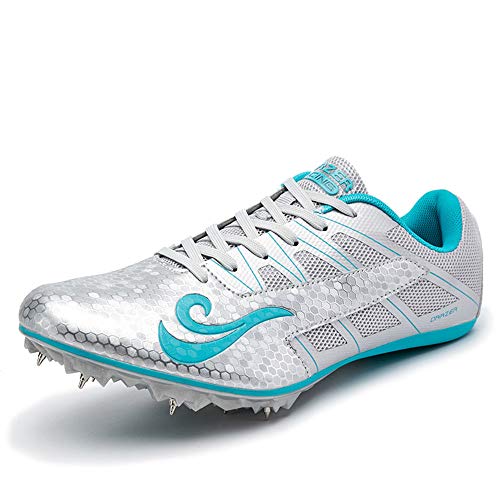 BETOOSEN Track Spike Running Sprint Shoes Track and Field Shoes Mesh Breathable Lightweight Professional Athletic Shoes (Boys, Girls,Womens, Mens) (4.5 Boys Girls Women, Silver)