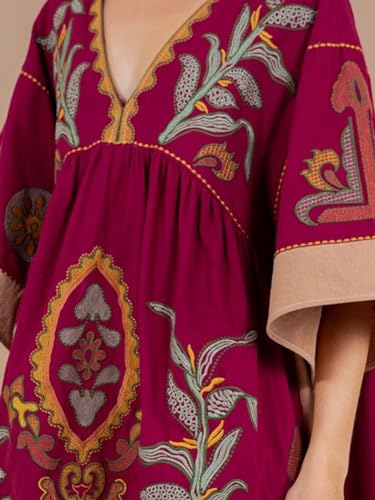 Image of Joiemont Womens Oversized Embroidered Dress with V-Neck and 3 /4 Sleeves Vintage Embroidery Babydoll Dress
