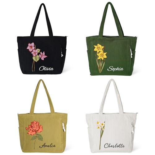 UIDMEN Personalized Birth Flower Corduroy Tote Bag for Women Custom Name Large Shoulder Bag with Zipper Stylish Travel College Work Handbag Birthday Christmas Mothers Day Nurse Week Gifts