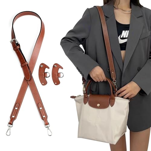Image of jiesinlov Cowhide Bag Straps Replacement Crossbody Adjustable Shoulder Strap for Small Le Pliage (Brown Leather Silver Buckles)