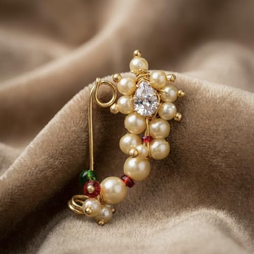 Image of Medium Size Traditional Maharashtrian Banu Nath Nose Stud without piercing Pearl Gold Plated Nath Combo Clip On Nose Ring For Women