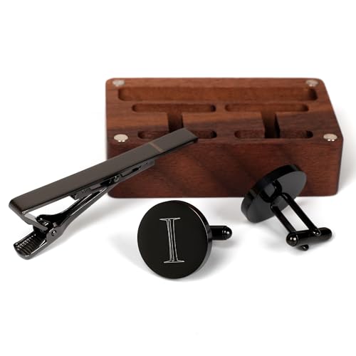 Image of Mens Initial Cufflinks and Tie Clip A-Z Alphabet Letter Black Stainless Cuff Links Tie Bar with Engraved Walnut Wood Box Groom Groomsman Wedding Set
