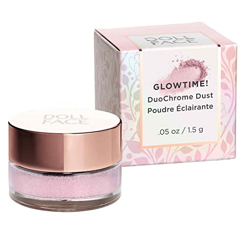 Doll Face Highlighter Makeup, Glowtime! DuoChrome Dust, Holographic Illuminator Loose Powder, Feather-Light Eye, Face & Body Shimmer Make Up (Pink Moon)