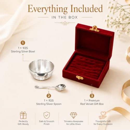 Image of 925 Sterling Silver Baby Feeding Bowl & Spoon Set | Handcrafted Silver Katori for Newborn & Kids | Annaprashan Feeding Set | Premium Velvet Box Included