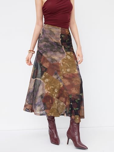 CIDER Skirts for Women Floral Print Mesh Maxi Skirt Abstract Graphic Asymmetrical Hem Mid Waist Long Skirt4