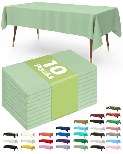Image of Pureegg Plastic Table Cloth Disposable 10 Pack, 54 x 108 Inch Table Cloths, Easter Party, Decorative Tablecloths, Rectangle, Light, Pastel Plastic Cover, Leakproof & Sturdy, Sage Green