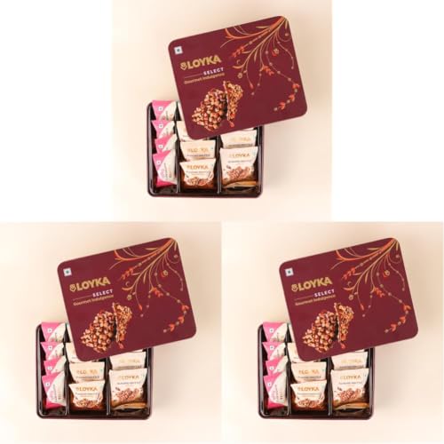 Image of Loyka Select Majestic Maroon Tin (Reusable) Gift Box - 3 Almond Brittle Gold, 3 Brownie, 4 Pops, 2 Almond Cookies - A Premium Treat Box for Gifting & Indulgence (Pack of 3)