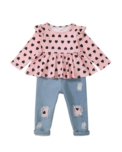 Mioglrie Toddler Baby Girl Clothes 18-24 Months Infant Fall Winter Pink Heart Baby Girl Outfit Ruffle Long Sleeve Shirt Denim Jeans Ripped Pant Clothing cover