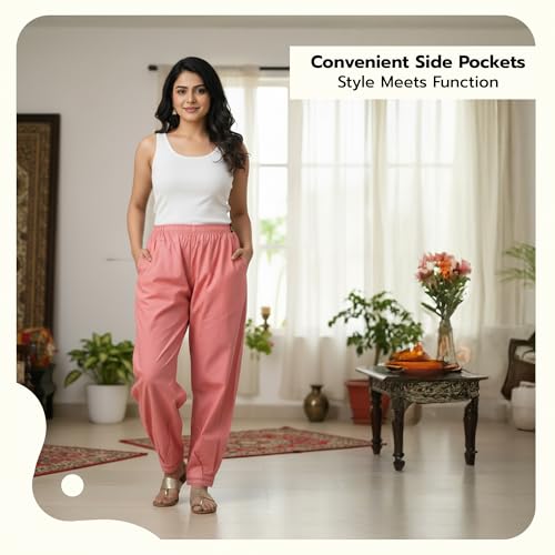 Image of Happy Bunny Women's Cotton Afghani Salwar with Lace Embroidery Detailing - Elastic Waist, Comfortable Loose Fit Bottoms for Casual, Ethnic