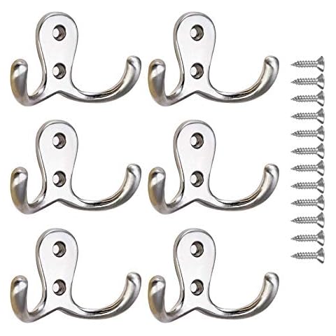 6 PCS Double Prong Robe Hook, Chrome Dual Coat Hooks, Metal Door Hooks Cloth Hanger with Screws Hanging Clothes Robe Towel for Bathroom Bedroom Door Wall (Silvery) Cover