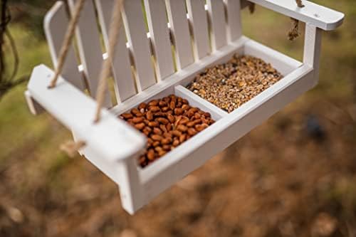 garden mile Novelty Wooden Garden Ornament Outdoor Hanging Swing Seat Bird Feeder with Mesh Tray - Large White Shabby Chic Bird Feeding Station Garden Bench Wild Bird for Yard, Patio, or Garden Decor