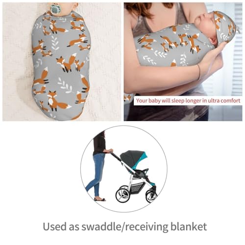 Image of Cute Foxes Leaves Gray Newborn Swaddle Blankets Hat Sets Soft Baby Receiving Blanket Swaddle Sack for Baby Shower Infant Boy Girl Gift