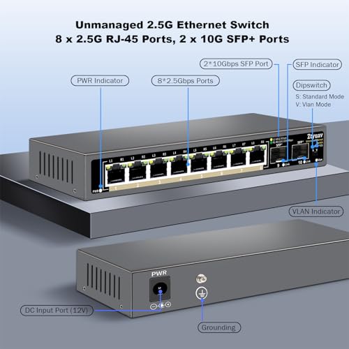 Image of 10 Port Unmanaged 2.5G Ethernet Switch with 8 x 2.5G RJ-45 Ports, 2 x 10G SFP+ Ports, Ports Speed Auto-Negotiation-100 /1000 /2500Mbps, One-Key VLAN, Fanless Metal Design, Plug & Play
