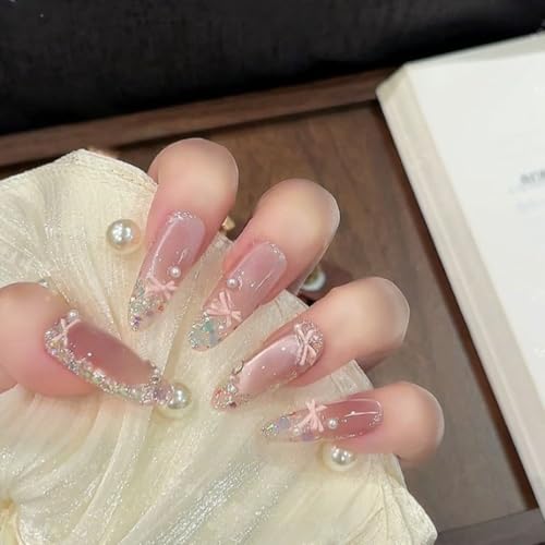 ピンク バレエシューズネイルチップ 長い フェイクネイル 蝶結び じんぞう真珠 手作り ロマンチック ネイルチップ 結婚 誕生日パーティー付け爪 10枚セット 長めチップ 両面接着テープ付き (長楕円, XS)