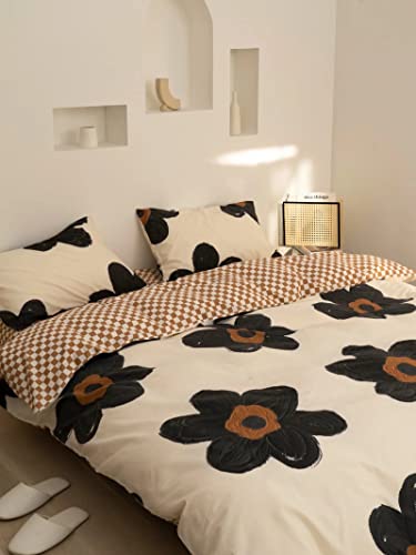 Image of KAREVER Black Floral Comforter Set Black Botanical Bedding Full Women Chic Blankets Lightweight Black Sunflower Reversible Bed Comforter Set Full Size