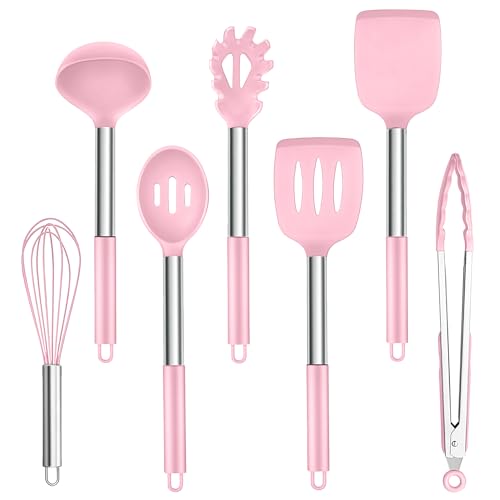 Homikit Küchenhelfer, 7 Stück Silikon Küchenutensilien Kochutensilien Set mit Edelstahlgriff, Rosa Antihaft Hitzebeständiger Kochbesteck zum Kochen, Ungiftig, Leicht zu Reinigen & Spülmaschinenfest