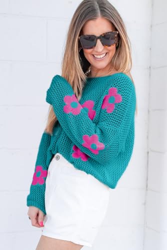 Casual Knit Top with Floral Pattern and Open Knit - Sea Green3